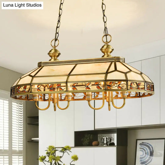 Faceted Island Lighting Fixture - 6-Headed White Glass Pendant Ceiling Light In Gold Colonial Style