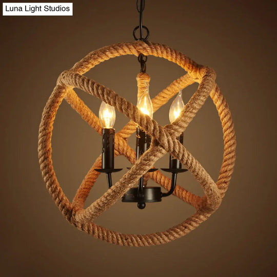 Globe Cage Chandelier Light Kit With Natural Rope And Candle Design - Set Of 3 Bulbs