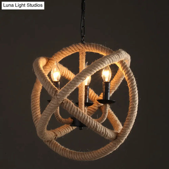 Factory Beige Natural Rope Globe Cage Chandelier Light With 3 Bulbs – Elegant Candle Design