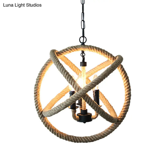 Factory Beige Natural Rope Globe Cage Chandelier Light With 3 Bulbs – Elegant Candle Design