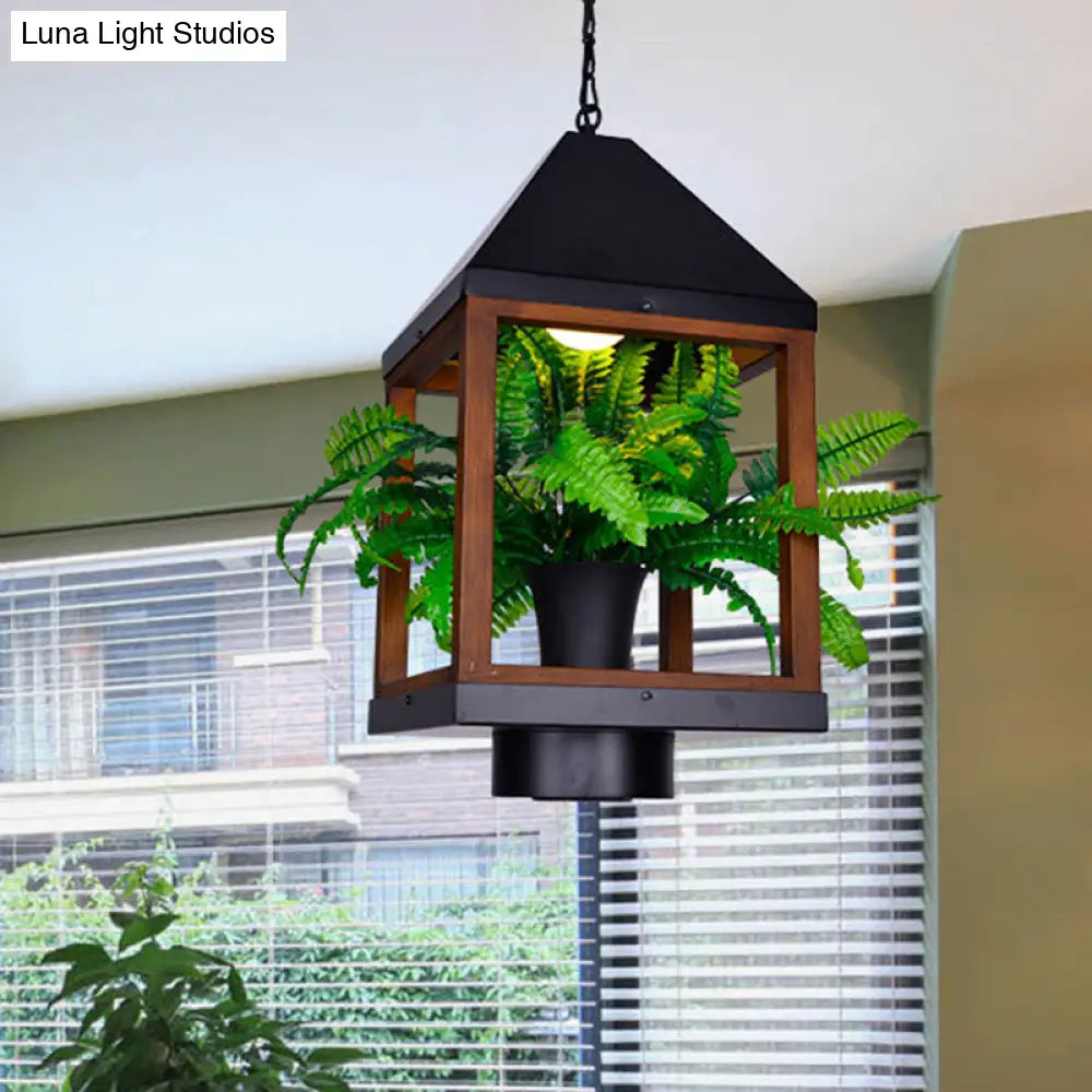 Factory-Black Metallic Pavilion Pendant Lamp With Bonsai For Dining Room