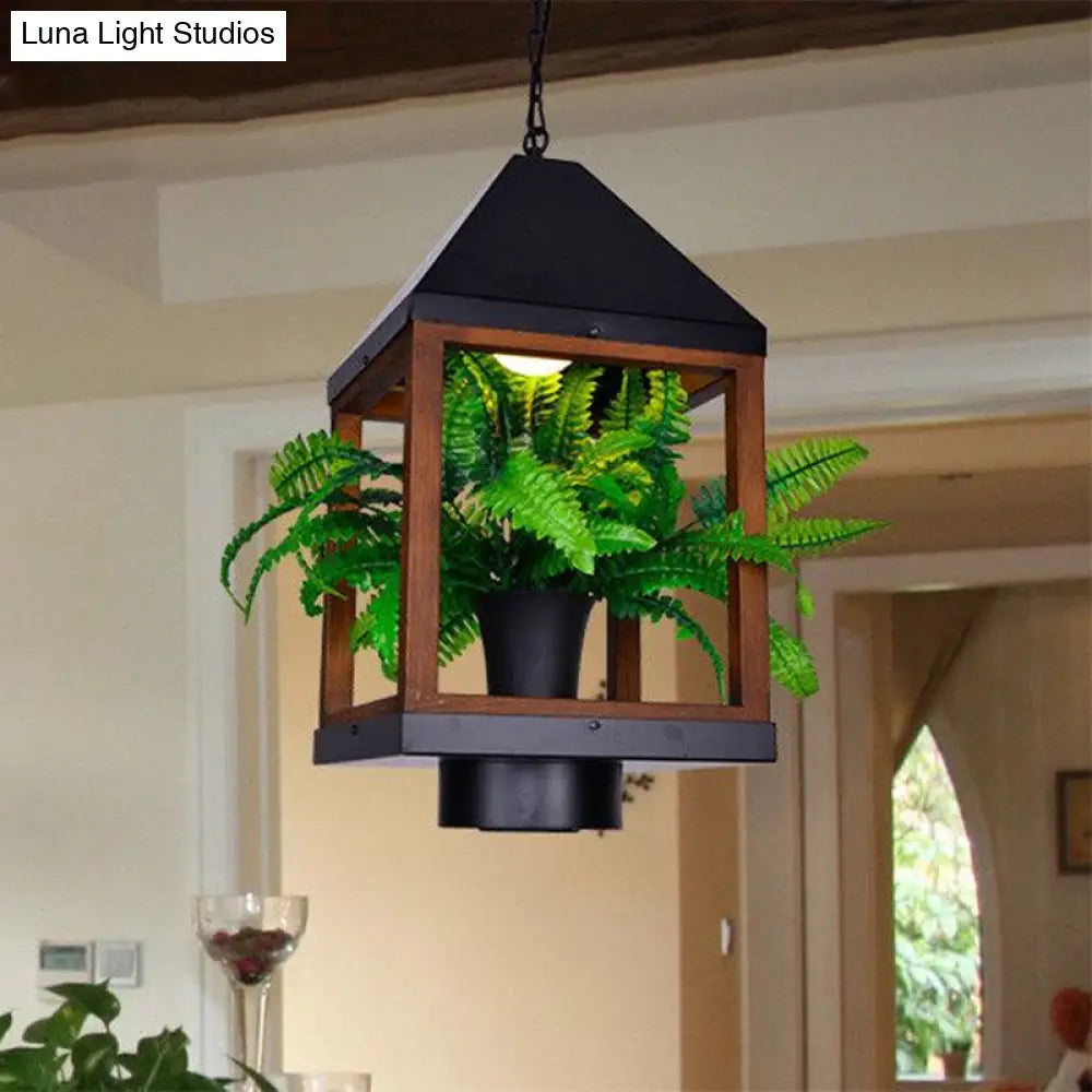 Factory-Black Metallic Pavilion Pendant Lamp With Bonsai For Dining Room