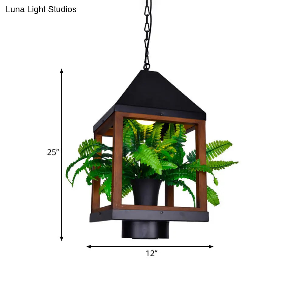 Factory-Black Metallic Pavilion Pendant Lamp With Bonsai For Dining Room