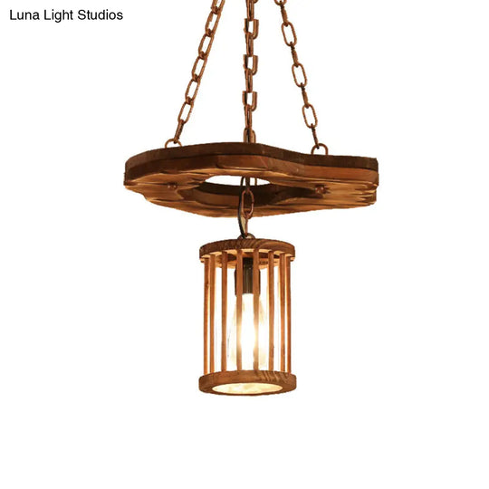 Black Wooden Cylinder Pendant Light With Chain - Industrial Hanging Fixture 1-Light