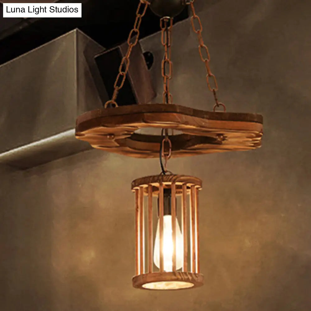 Black Wooden Cylinder Pendant Light With Chain - Industrial Hanging Fixture 1-Light Wood