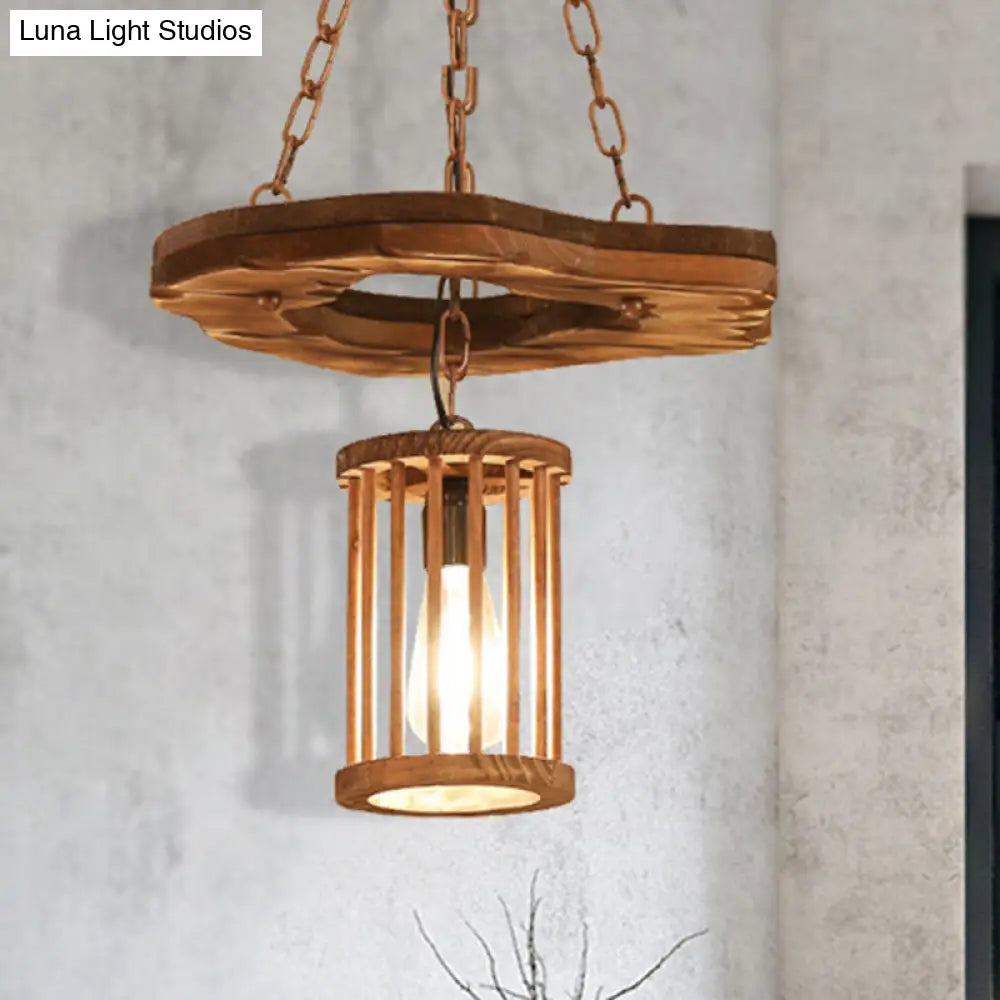 Black Wooden Cylinder Pendant Light With Chain - Industrial Hanging Fixture 1-Light