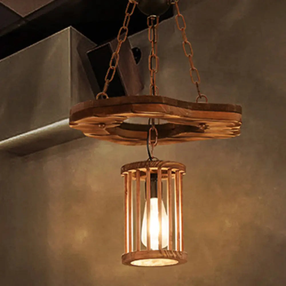 Factory Black Wooden Cylinder Pendant Light With Chain - 1 Hanging Fixture Wood