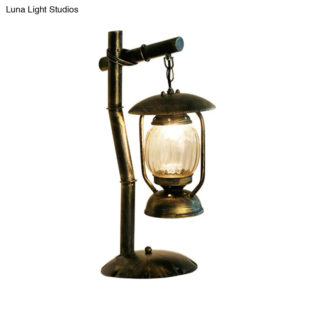 Factory Clear Glass Kerosene Bedroom Desk Light: 1-Light Brass Finish Table Lamp With Metal Angled