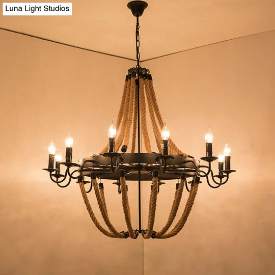 Wagon Wheel Metal Chandelier Pendant Light Kit In Black For Dining Room With Jute Rope Accents / H