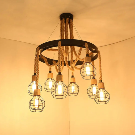 Factory Dining Room Chandelier: Wagon Wheel Metal Pendant Light Kit With Jute Rope In Black / B