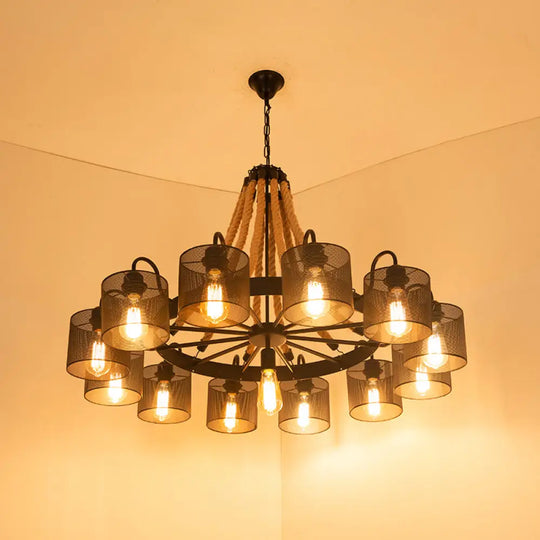 Factory Dining Room Chandelier: Wagon Wheel Metal Pendant Light Kit With Jute Rope In Black / E