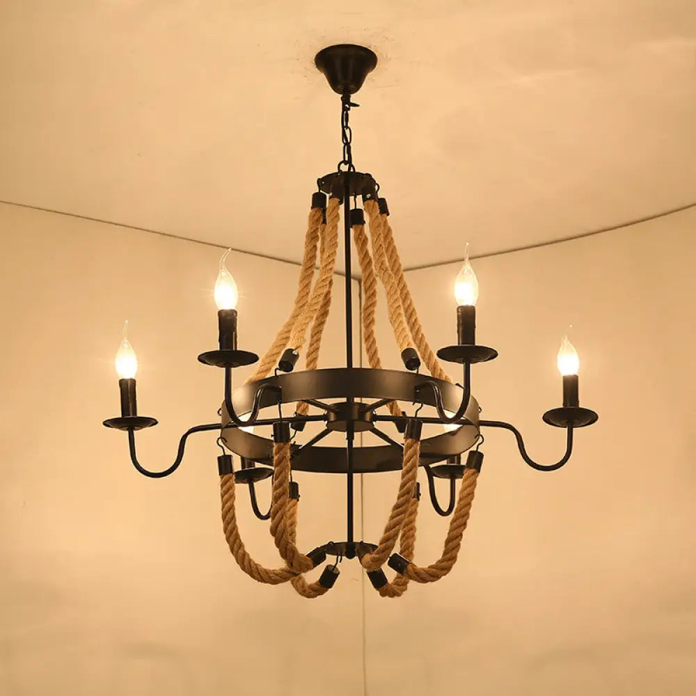 Factory Dining Room Chandelier: Wagon Wheel Metal Pendant Light Kit With Jute Rope In Black / F