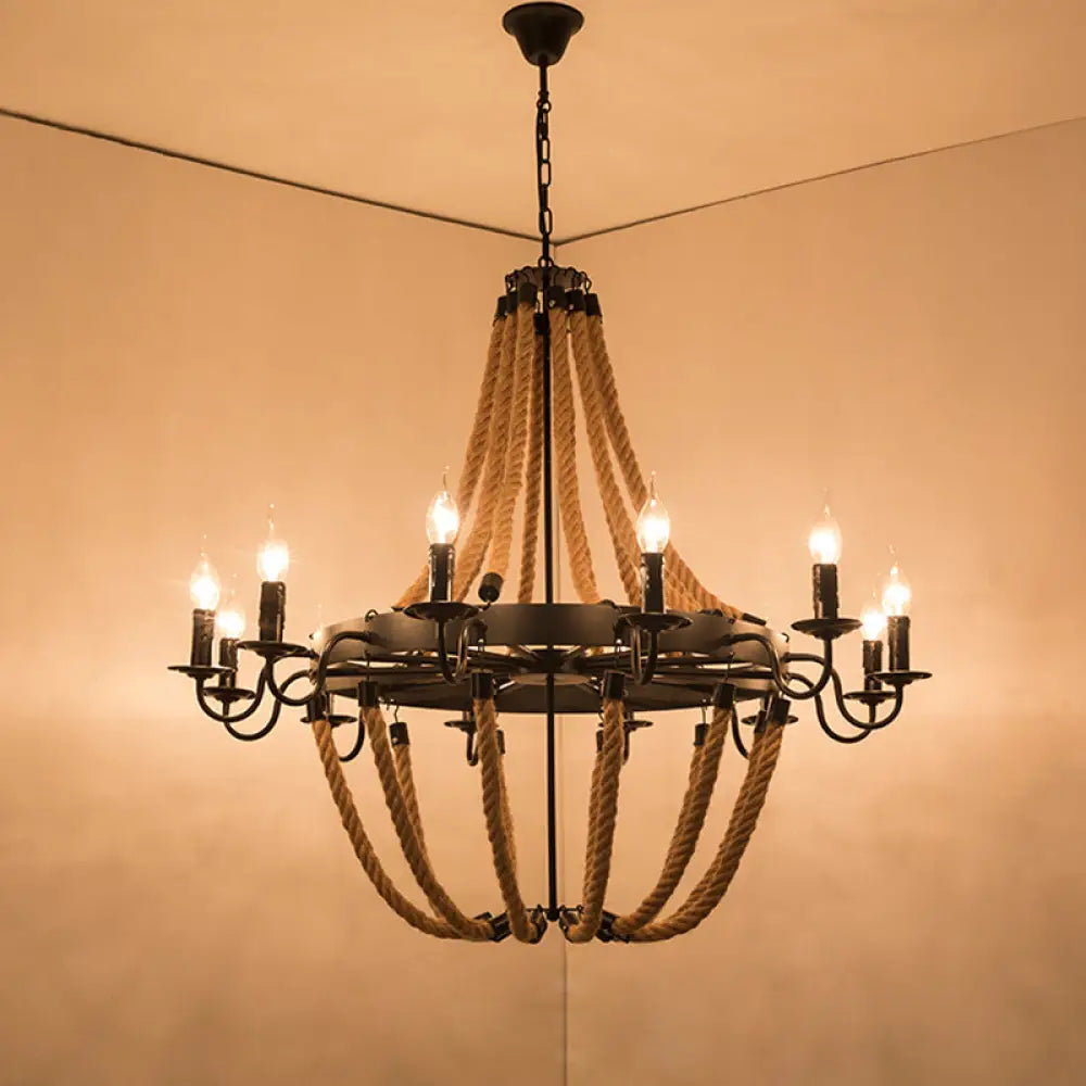 Factory Dining Room Chandelier: Wagon Wheel Metal Pendant Light Kit With Jute Rope In Black / H