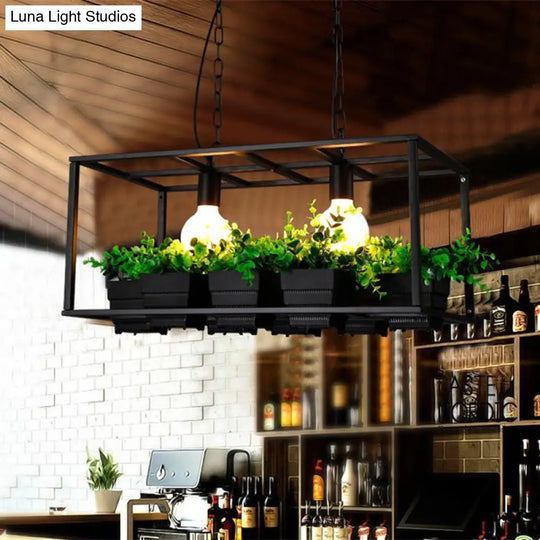 Factory Metallic Island Lamp With Artificial Plant Deco - Black/White Rectangle 2 Lights For Living