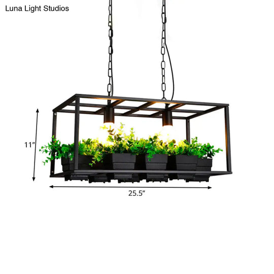 Factory Metallic Island Lamp With Artificial Plant Deco - Black/White Rectangle 2 Lights For Living