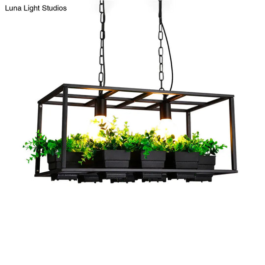 Factory Metallic Island Lamp With Artificial Plant Deco - Black/White Rectangle 2 Lights For Living