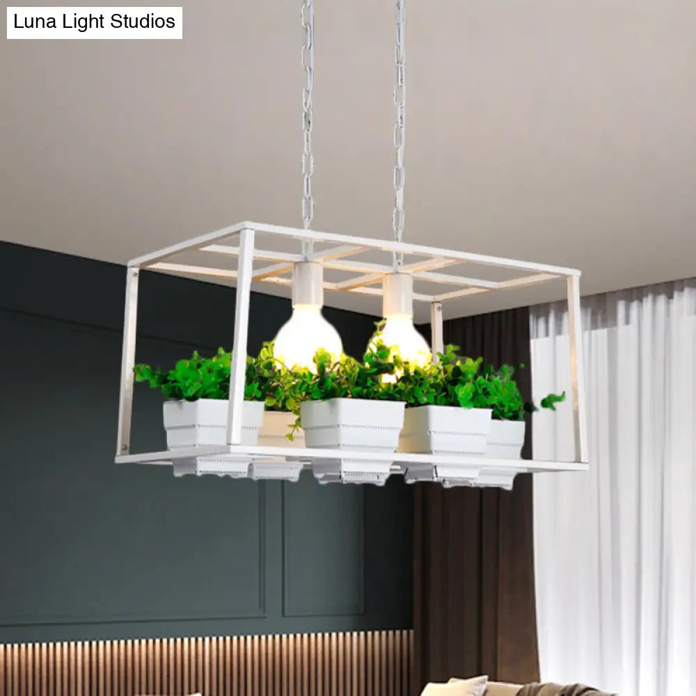 Factory Metallic Island Lamp With Artificial Plant Deco - Black/White Rectangle 2 Lights For Living