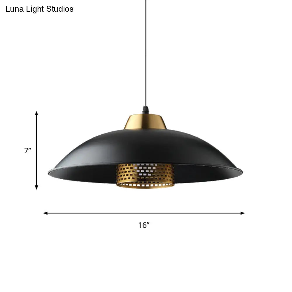 1 Head Shallow Bowl Pendant - Black Iron Factory Style Ceiling Hanging Light With Brass Mesh Screen