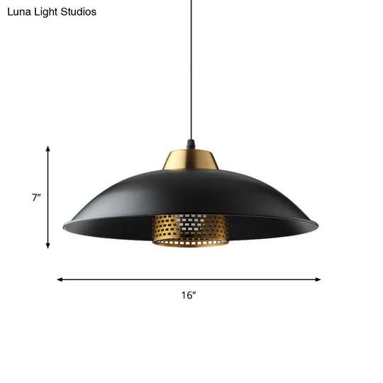 1 Head Shallow Bowl Pendant - Black Iron Factory Style Ceiling Hanging Light With Brass Mesh Screen