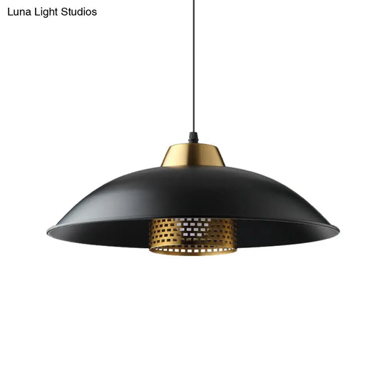 Factory Style Black Iron Ceiling Pendant Light With Brass Mesh Screen Inside - Shallow Bowl Head