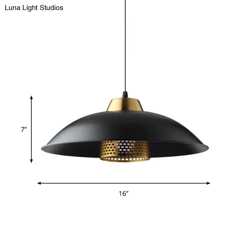 Factory Style Black Iron Ceiling Pendant Light With Brass Mesh Screen Inside - Shallow Bowl Head