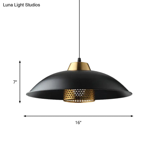 Factory Style Black Iron Ceiling Pendant Light With Brass Mesh Screen Inside - Shallow Bowl Head