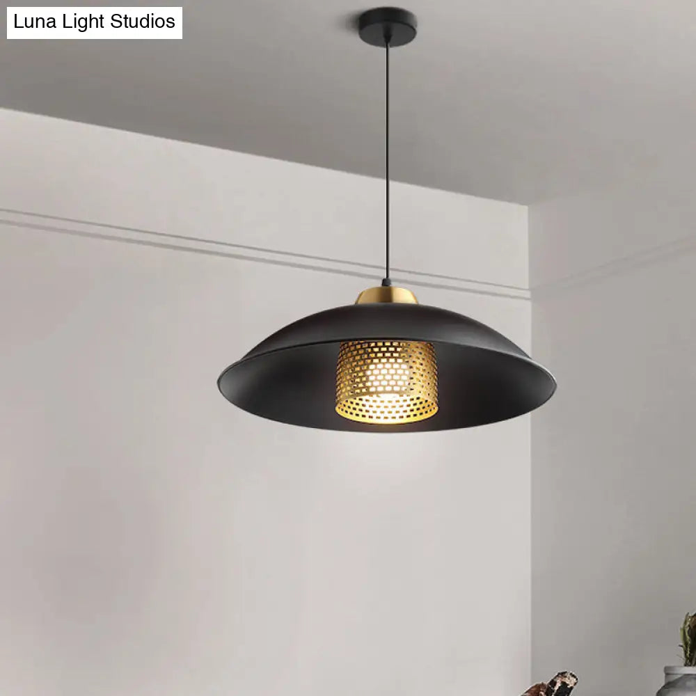 1 Head Shallow Bowl Pendant - Black Iron Factory Style Ceiling Hanging Light With Brass Mesh Screen