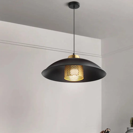 Factory Style Black Iron Ceiling Pendant Light With Brass Mesh Screen Inside - Shallow Bowl Head