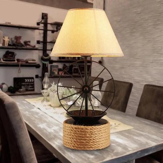 Factory Style Black Table Lamp With Wheel Deco - 1-Light Fabric Conic Desk Lighting For Dining Room