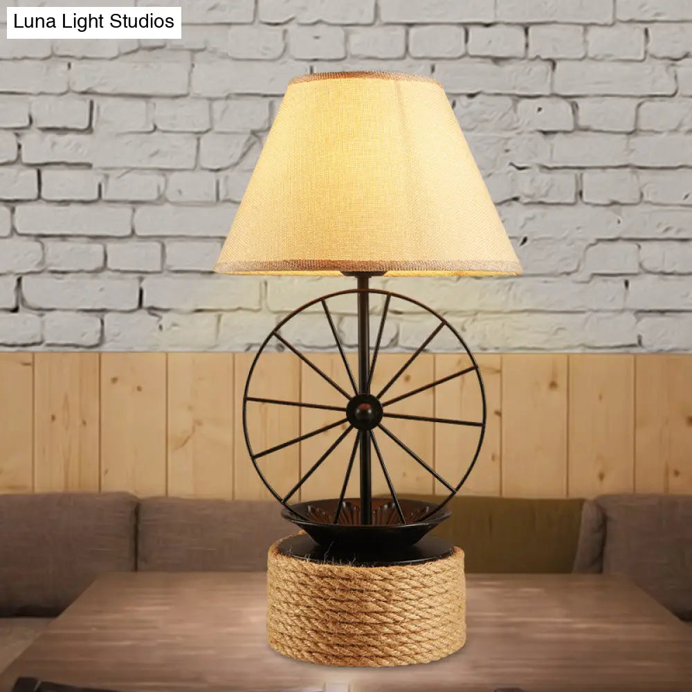 Factory Style Black Table Lamp With Wheel Deco - 1-Light Fabric Conic Desk Lighting For Dining Room