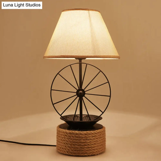 Factory Style Black Table Lamp With Wheel Deco - 1-Light Fabric Conic Desk Lighting For Dining Room