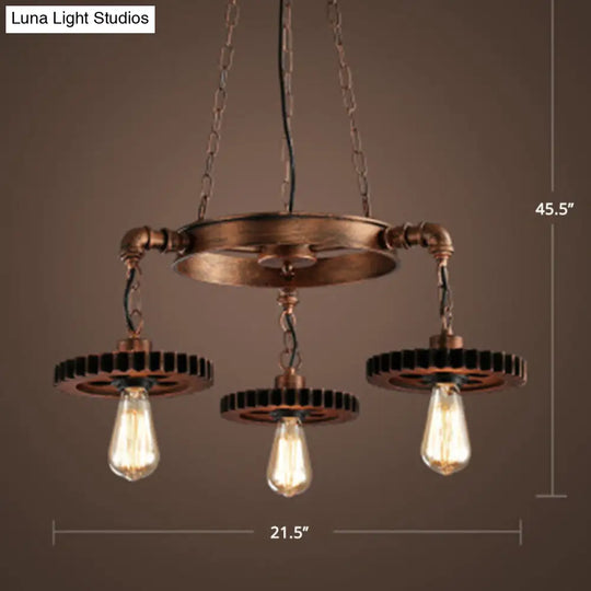 Factory-Style Iron Chandelier With Bronze Finish Bare Bulb Suspension And Gear/Wheel Deco 3 /