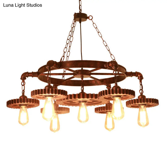 Factory-Style Iron Chandelier With Bronze Finish Bare Bulb Suspension And Gear/Wheel Deco