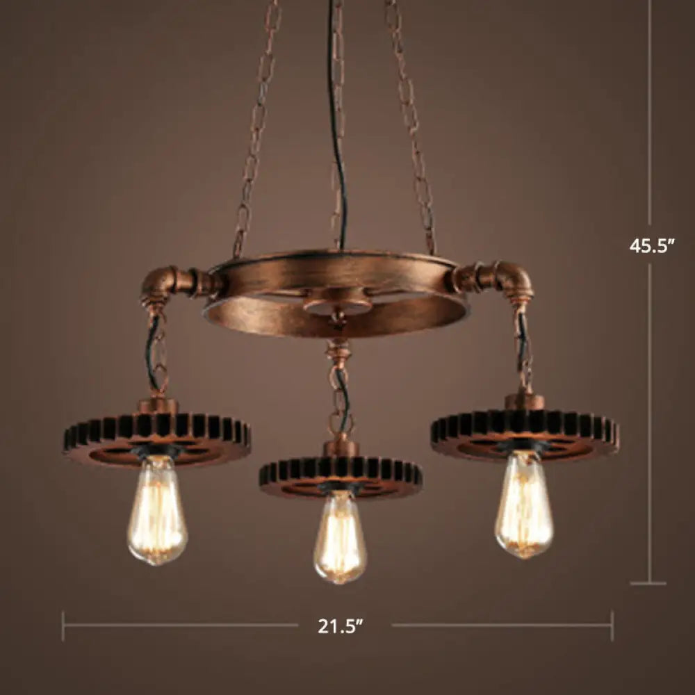 Factory Style Iron Suspension Chandelier With Bronze Finish & Gear Wheel Deco – Bare Bulb