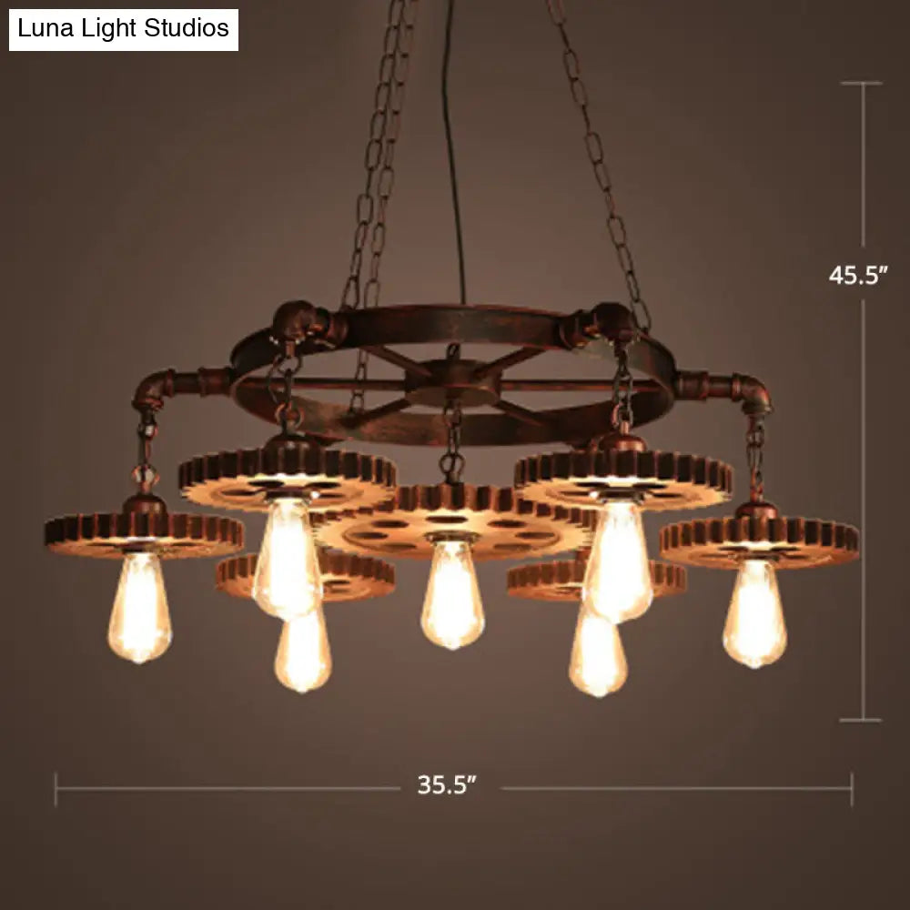 Factory Style Iron Suspension Chandelier With Bronze Finish & Gear Wheel Deco – Bare Bulb Lighting