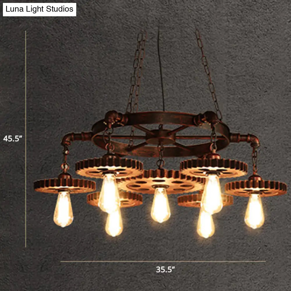 Factory Style Iron Suspension Chandelier With Bronze Finish & Gear Wheel Deco – Bare Bulb Lighting