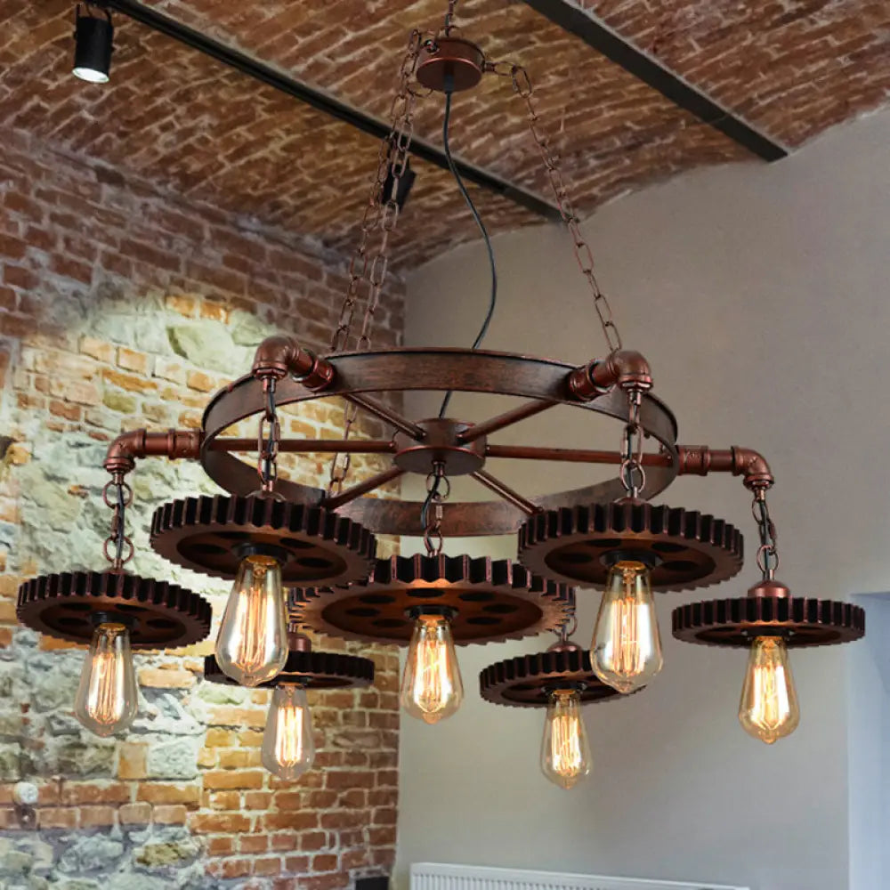 Factory Style Iron Suspension Chandelier With Bronze Finish & Gear Wheel Deco – Bare Bulb