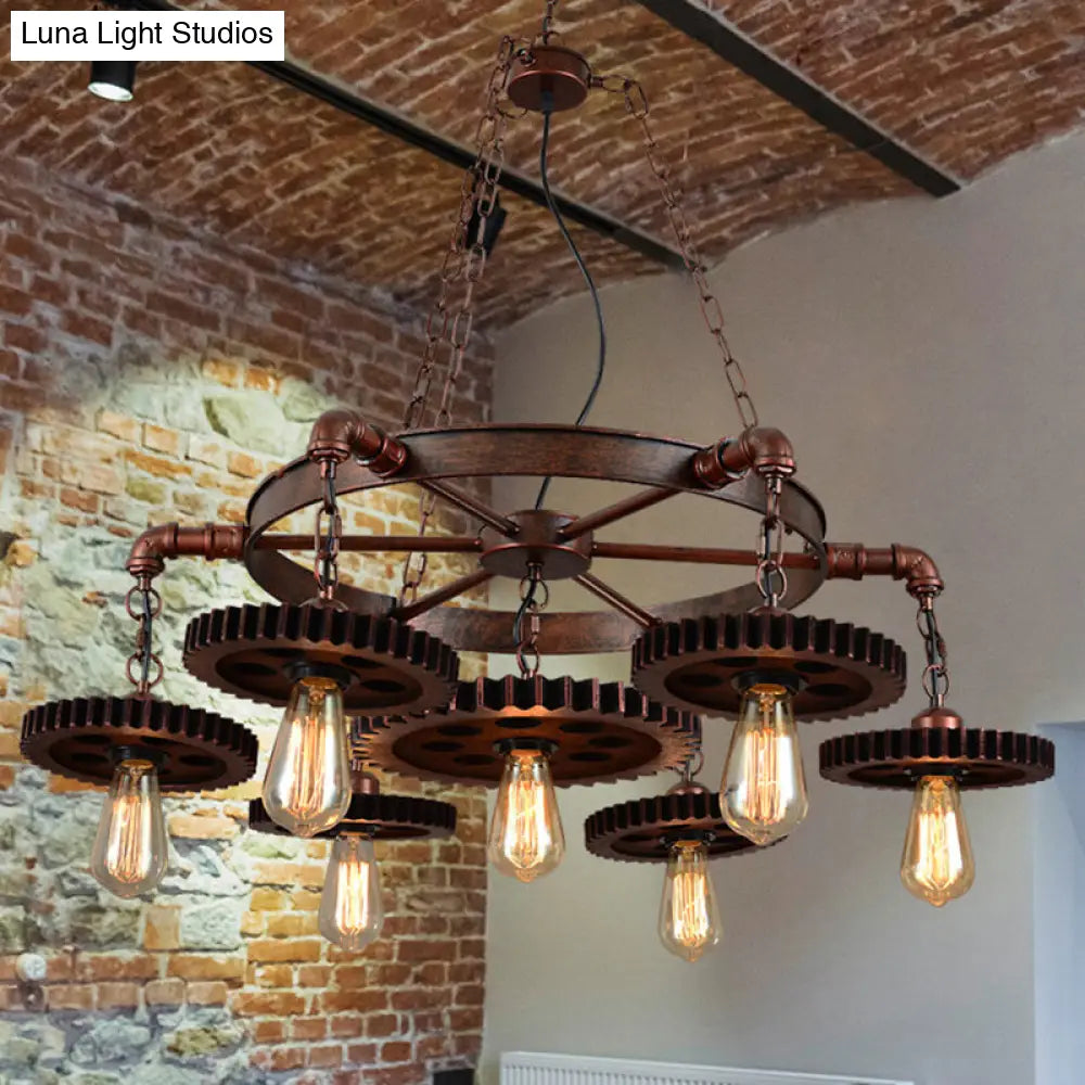 Factory-Style Iron Chandelier With Bronze Finish Bare Bulb Suspension And Gear/Wheel Deco 7 /