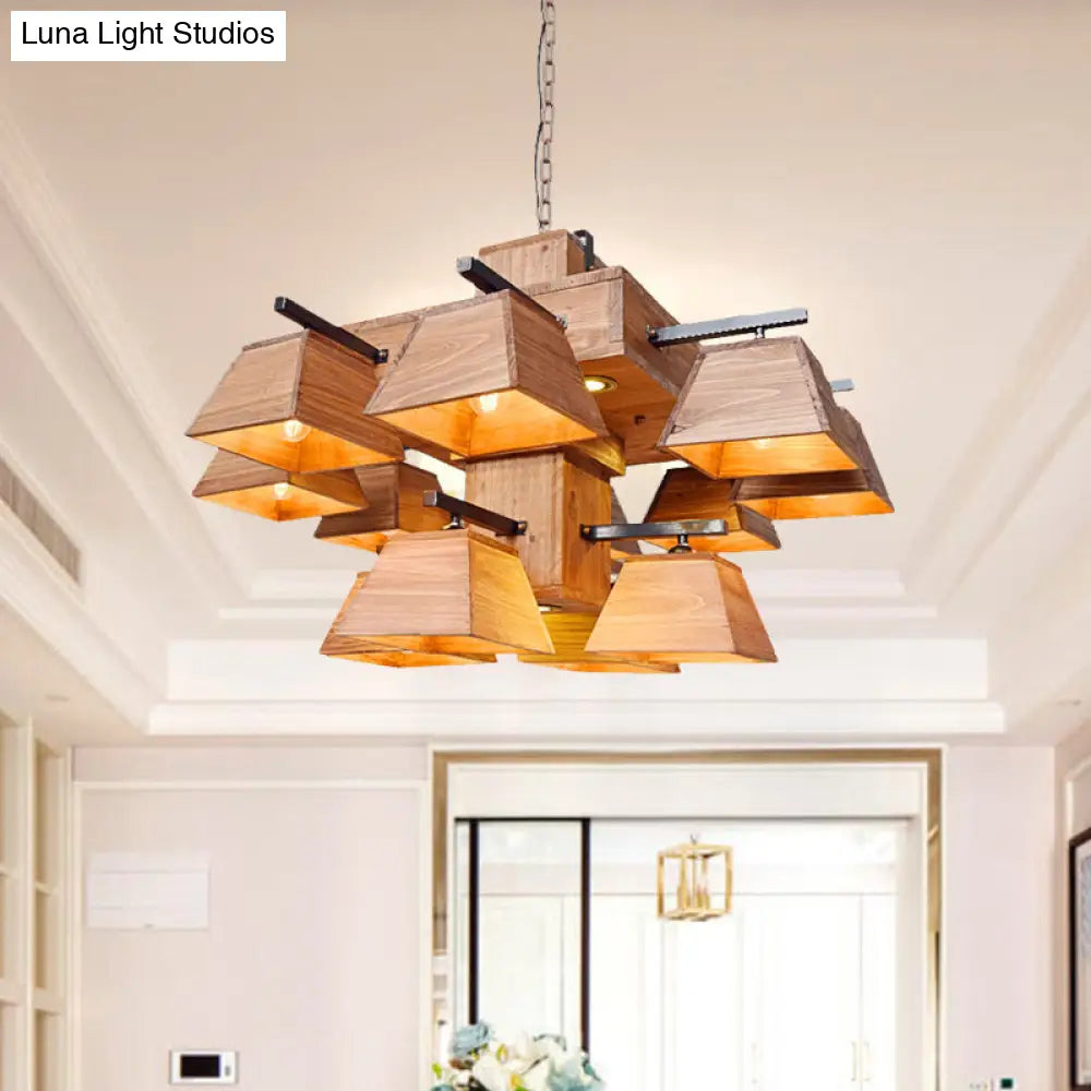 Factory Wood Island Chandelier - Beige Trapezoid Design With Multiple Lighting Options For Dining