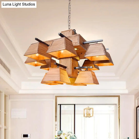 Factory Wood Island Chandelier - Beige Trapezoid Design With Multiple Lighting Options For Dining