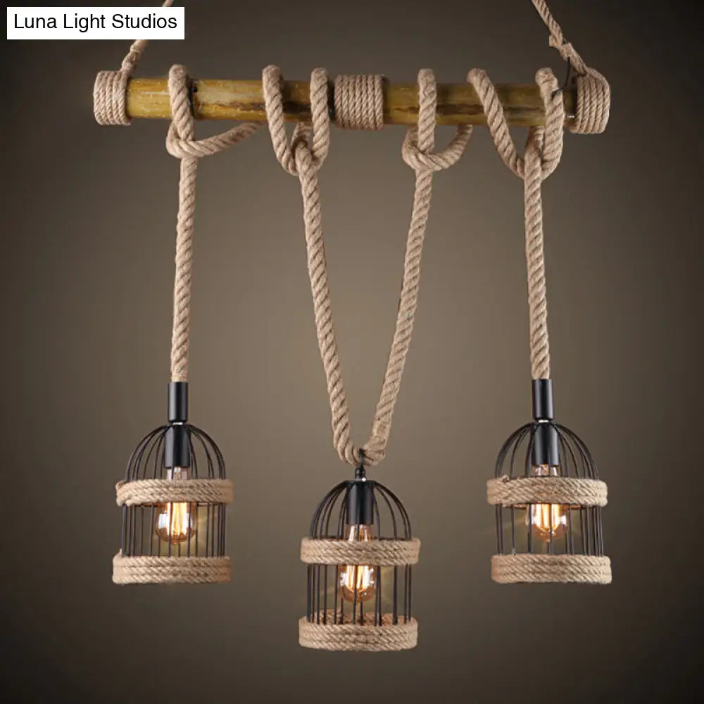 Farm Birdcage Island Lamp: 3-Light Metallic Hanging Ceiling Light With Jute Rope Cord