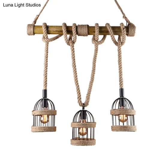 Farm Birdcage Island Lamp: 3-Light Metallic Hanging Ceiling Light With Jute Rope Cord