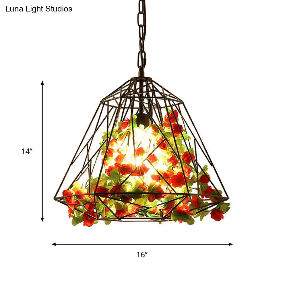 Farm Diamond Cage Pendant Light Fixture With Hanging Iron Frame In Black And Artificial Flower