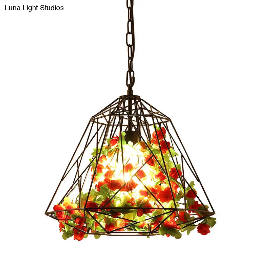 Farm Diamond Cage Ceiling Pendant With Artificial Flower - Black Iron Hanging Light Fixture