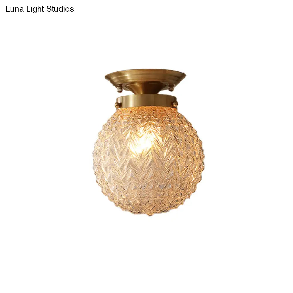 Farm Style Brass Flush Mount Foyer Ceiling Light With Carved Glass Sphere