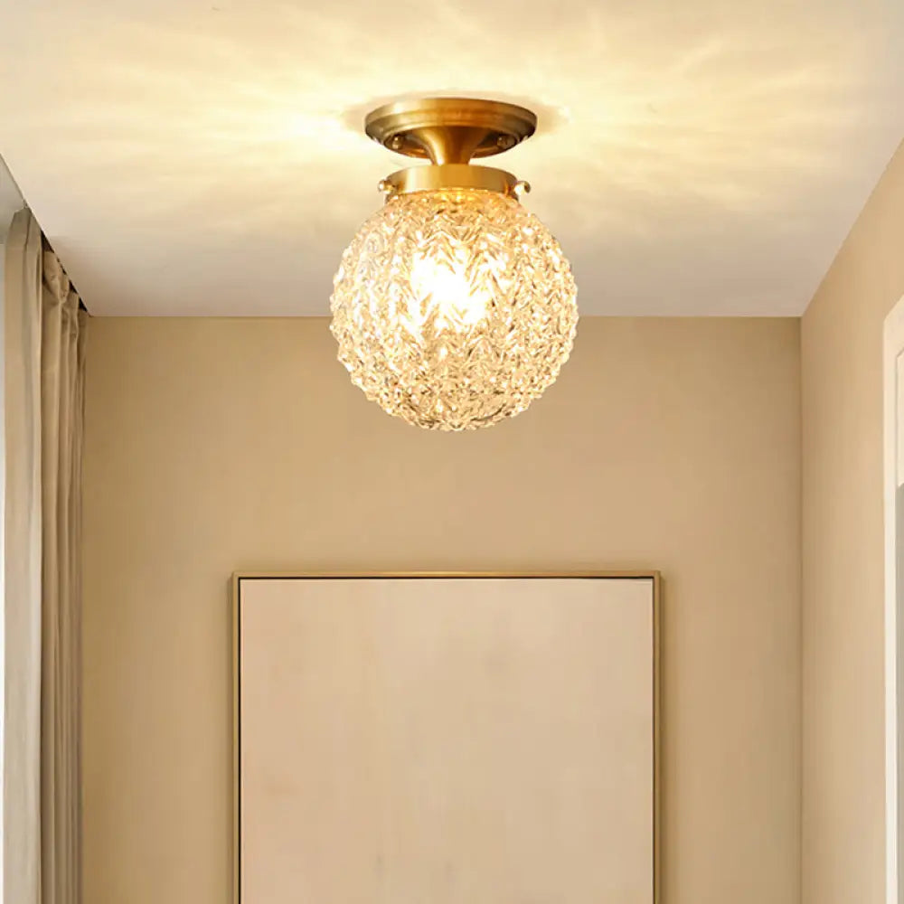 Farm Style Brass Flush Mount Foyer Ceiling Light With Carved Glass Sphere