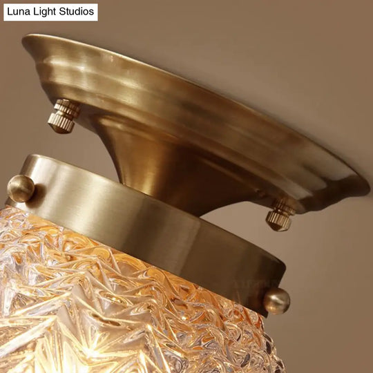 Farm Style Brass Flush Mount Foyer Ceiling Light With Carved Glass Sphere