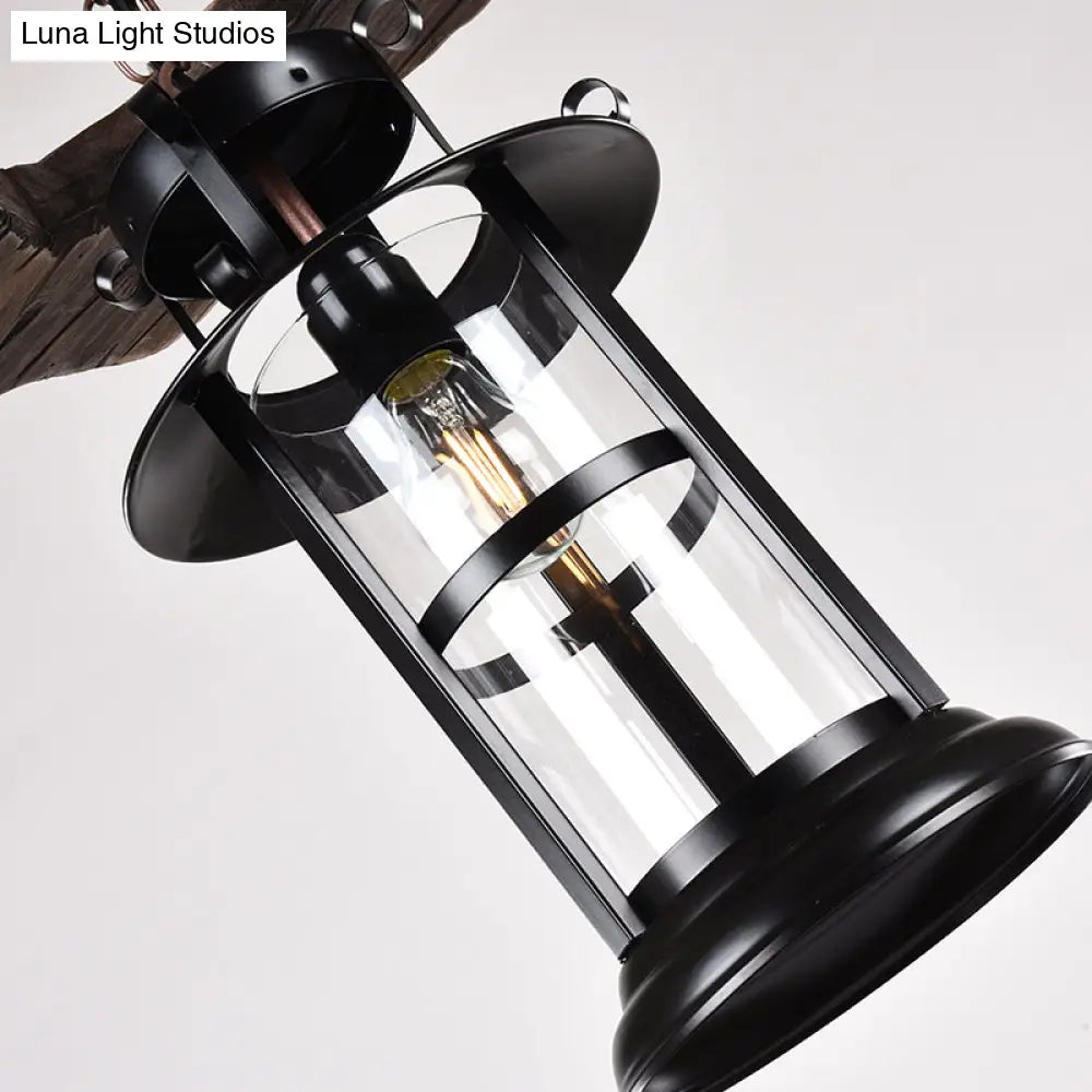 Farm Style Clear Glass Chandelier - Brown Lantern Pendant Light