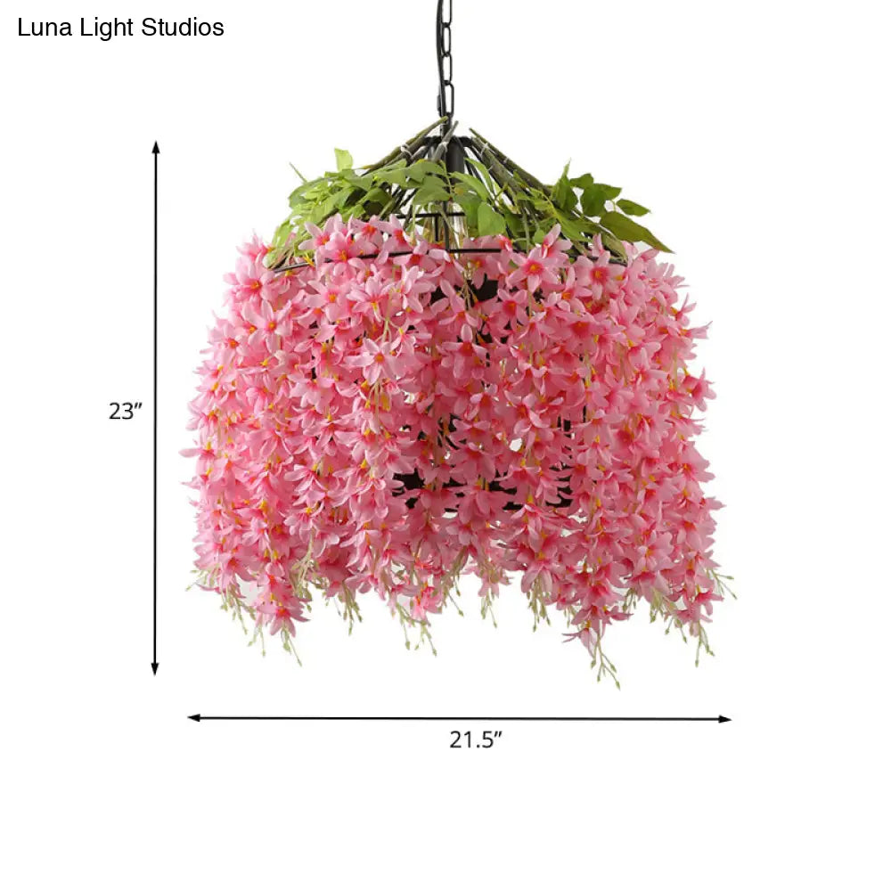 Farm Style Pink Bird Cage Pendant Lighting Fixture For Restaurants - Iron Lamp With Flower Accent