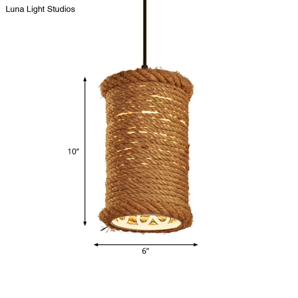 Farm Style Rustic Brown Cylinder Pendant Light With Rope Detail - Metal Hanging Lighting For Dining